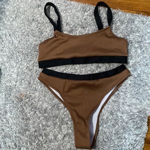 Shein Large Brown & Black Trim Ribbed Bikini Swimwear Set
